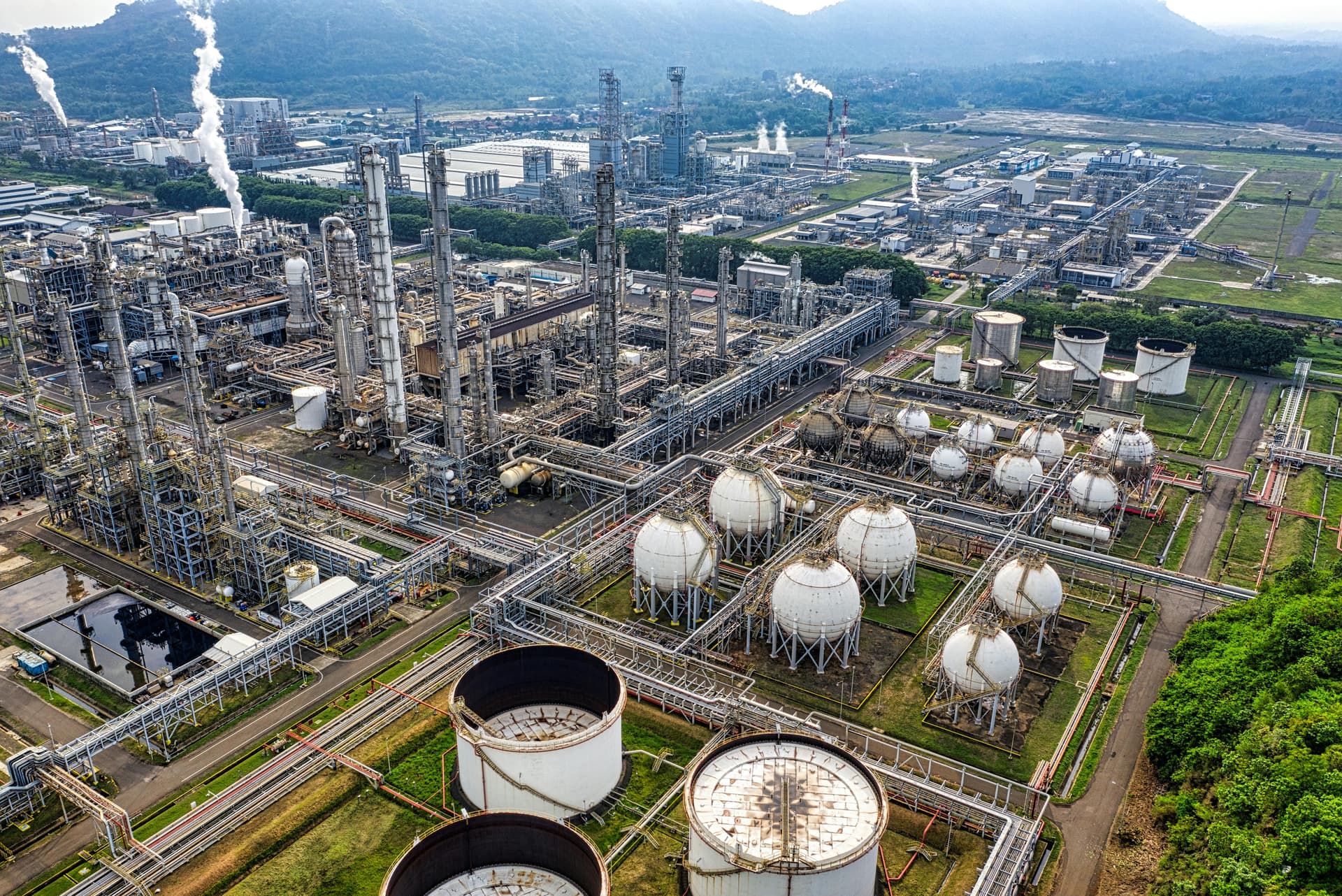 Aerial view of an industrial refinery complex